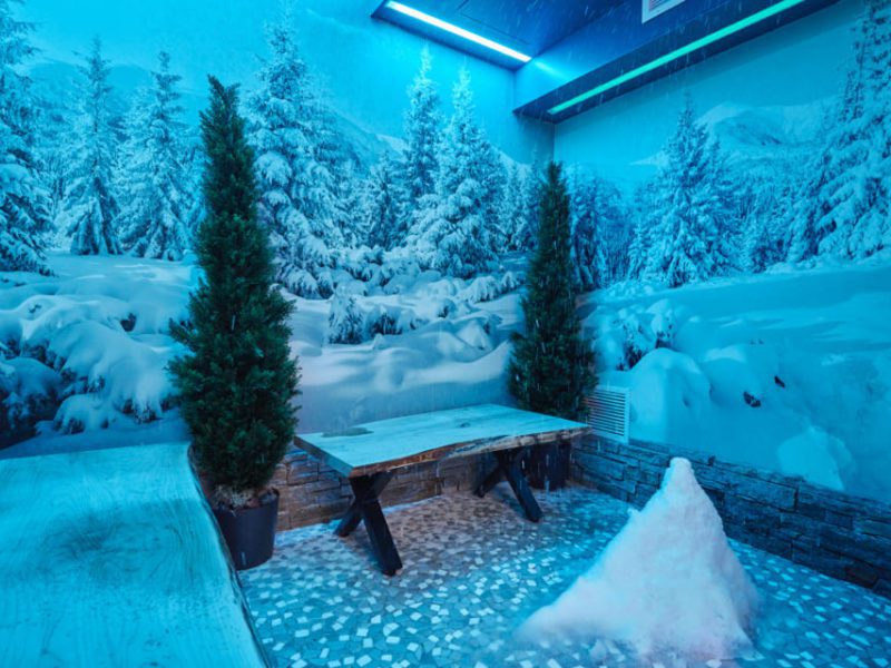A room designed to resemble a snowy landscape, featuring winter-themed wall murals, a snow pile on a pebble floor, a rustic wooden table, and two evergreen trees in pots. Blue ambient lighting enhances the cold atmosphere. 124 on Queen Hotel and Spa | Hotel & Spa Niagara-on-the-lake | 1 (855) 988-4552