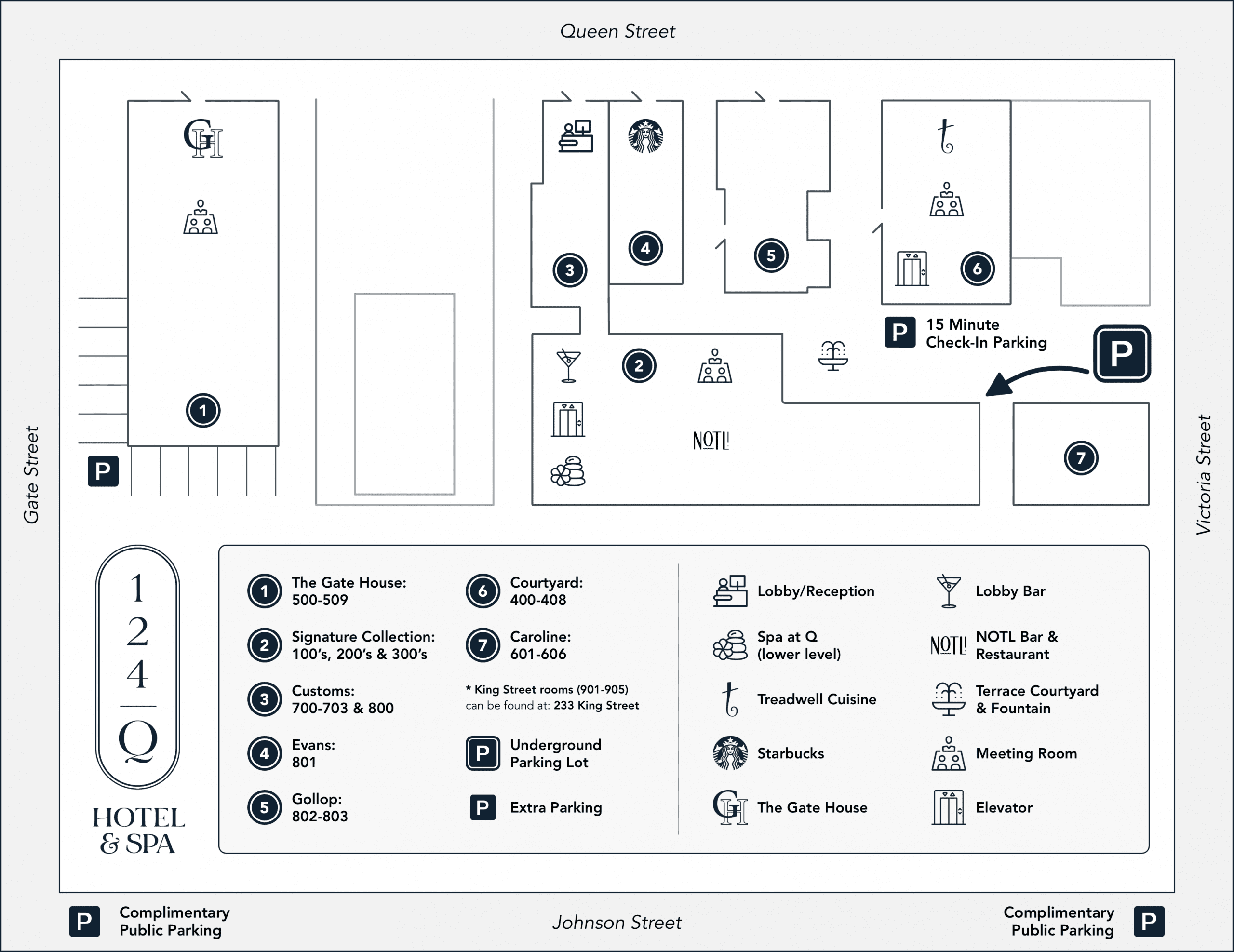 A detailed floor plan of a hotel and spa showing various areas: reception, lobby bar, courtyard, dining options, meeting rooms, event spaces, and parking areas. Key locations are marked with numbers and symbols for easy navigation. 124 on Queen Hotel and Spa | Hotel & Spa Niagara-on-the-lake | 1 (855) 988-4552
