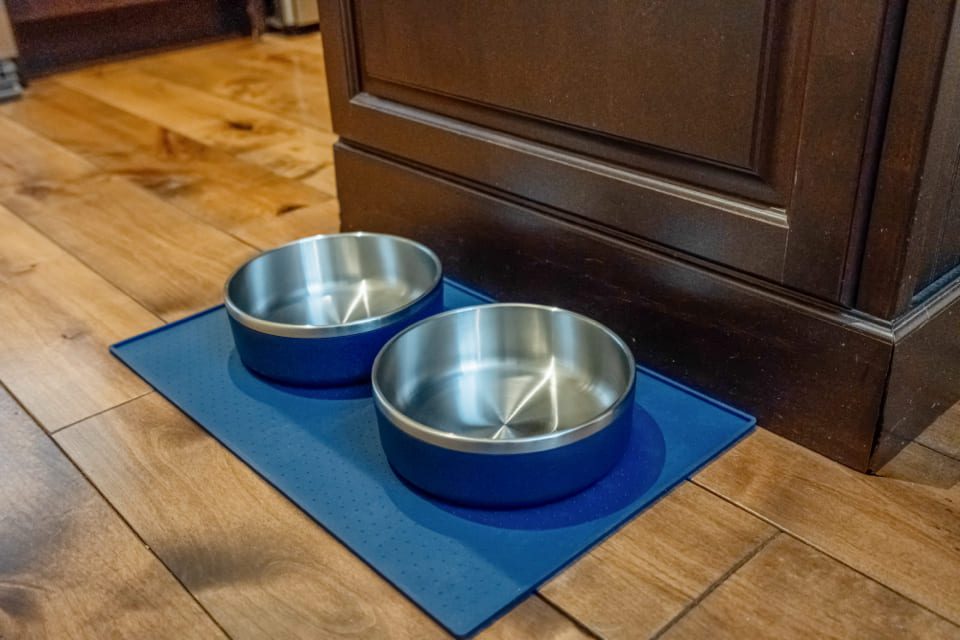 Two empty stainless steel pet bowls with blue exteriors sit side by side on a blue mat on a wooden floor next to a dark brown cabinet. 124 on Queen Hotel and Spa | Hotel & Spa Niagara-on-the-lake | 1 (855) 988-4552