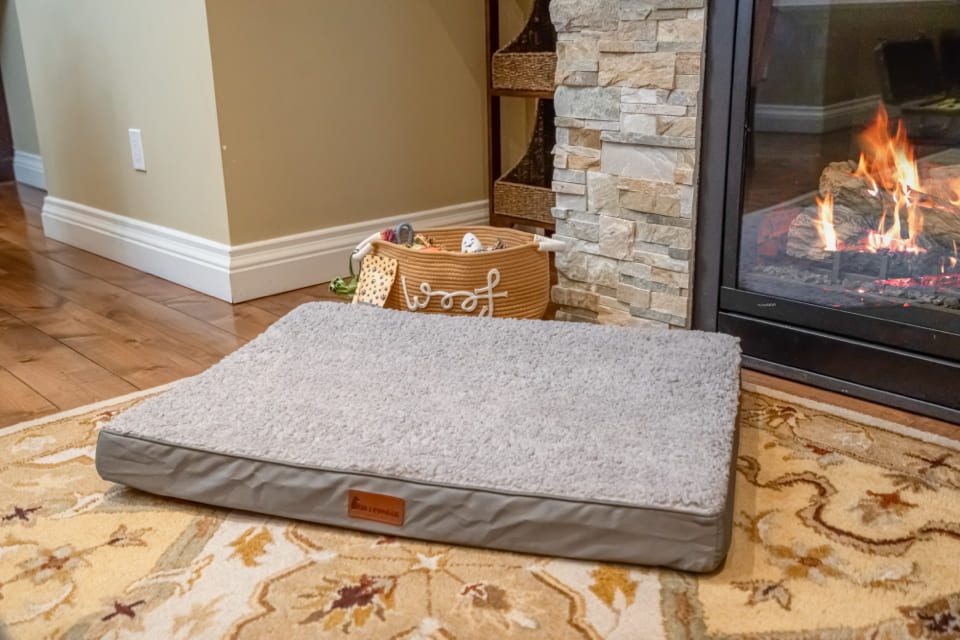 A gray pet bed sits on a patterned rug in front of a fireplace. A woven basket labeled woof with pet toys is nearby, and part of a stone fireplace and wooden floor are visible. 124 on Queen Hotel and Spa | Hotel & Spa Niagara-on-the-lake | 1 (855) 988-4552