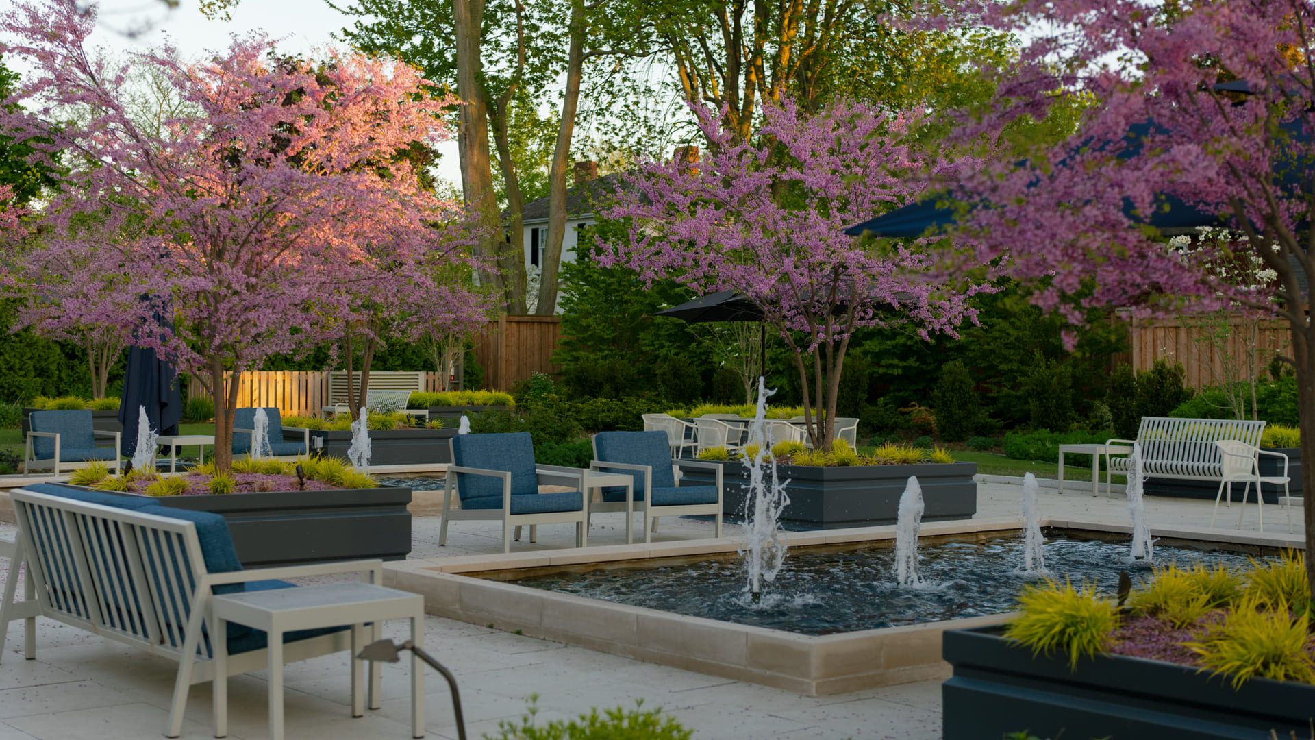 A landscaped patio with blooming pink trees, blue cushioned chairs, white benches, and a central fountain surrounded by planters, set in a peaceful garden with green foliage and wooden fencing. 124 on Queen Hotel and Spa | Hotel & Spa Niagara-on-the-lake | 1 (855) 988-4552